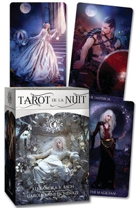 Tarot card set with artistic illustrations of women in various poses on a dark background.