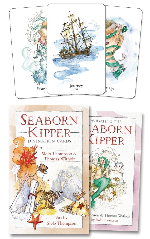 Seaborn Kipper divination cards with artwork and text on a white background