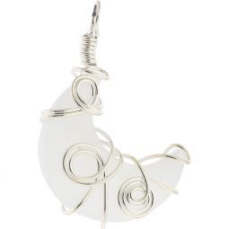 White stone pendant with silver wire wrapping on a white background