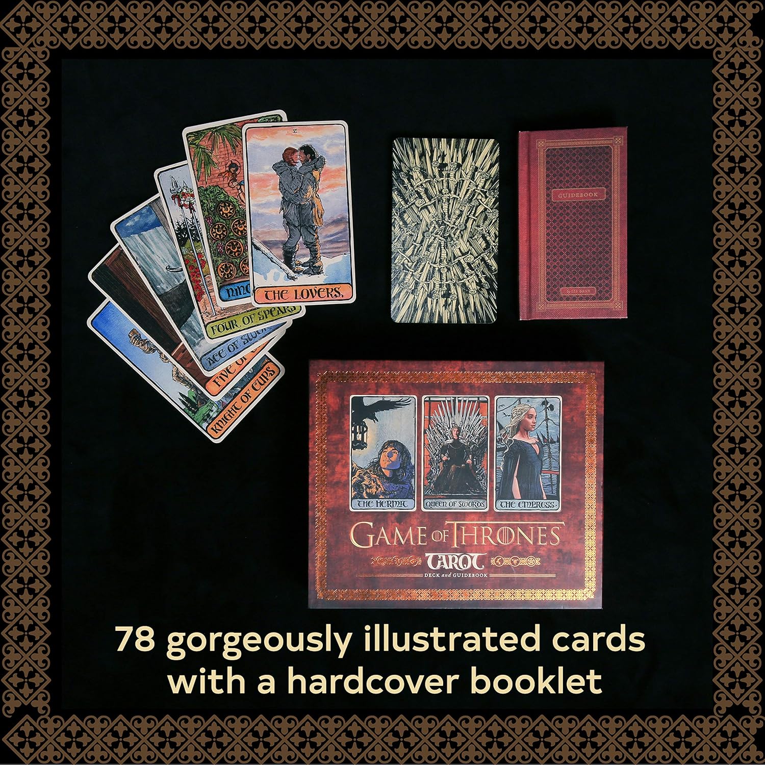 Game of Thrones tarot cards with a hardcover booklet on a black background