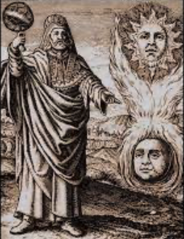 Vintage illustration of a Abramelin a sphere with another figure emerging from a sun-like symbol.