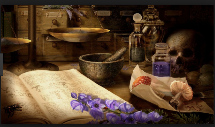 Vintage apothecary scene with books, bottles, and a skull on a wooden table.