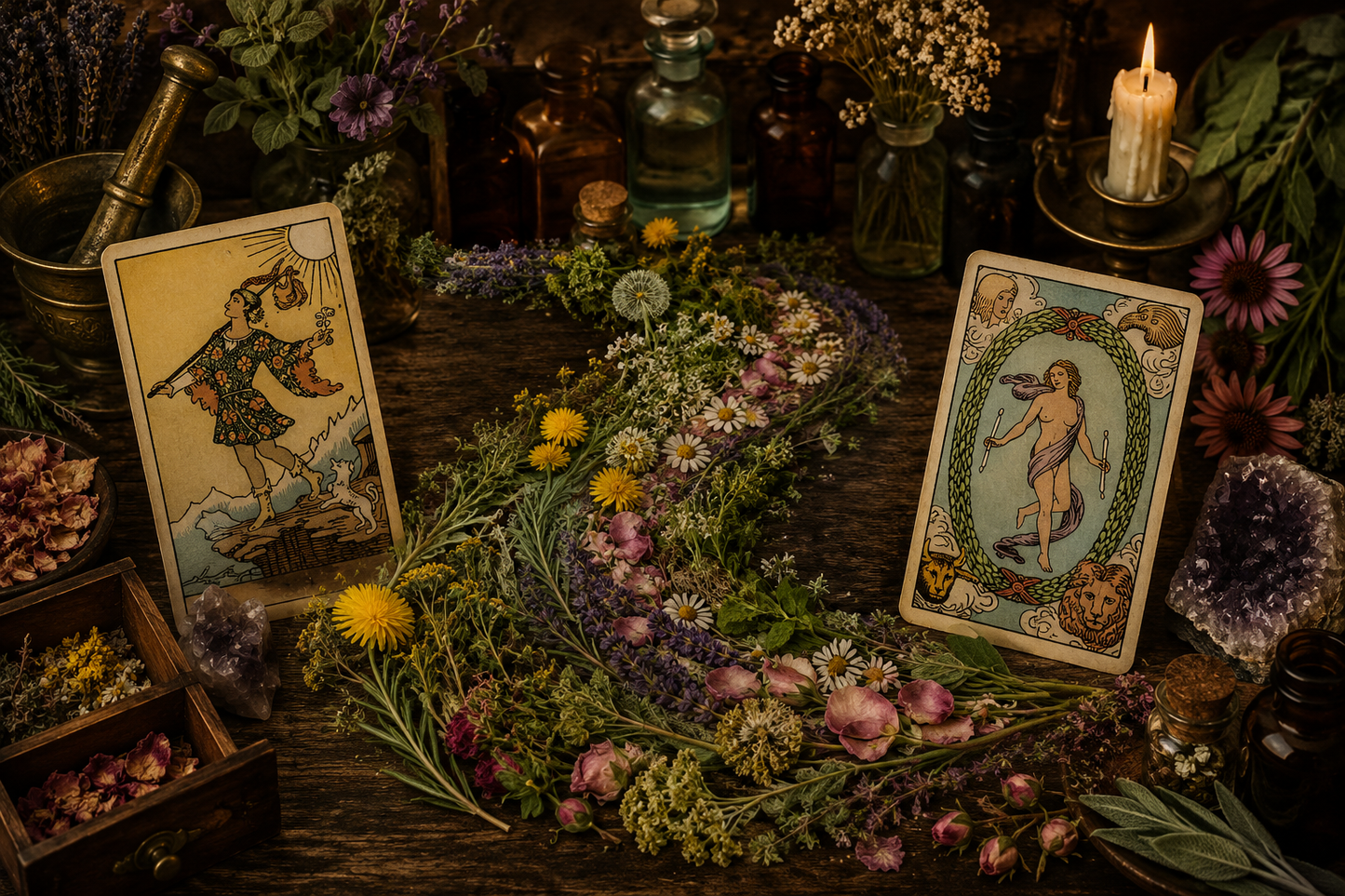 Two illustrated tarot cards are displayed on a rustic wooden table surrounded by dried flowers, crystals, glass bottles, a lit candle, and herbs in a moody, mystical arrangement.