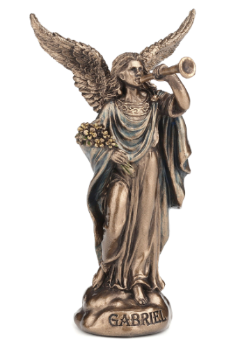 Bronze statue of an angel holding a trumpet and flowers on a white background