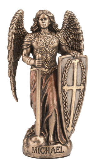 Bronze statue of an angel holding a sword and shield on a white background