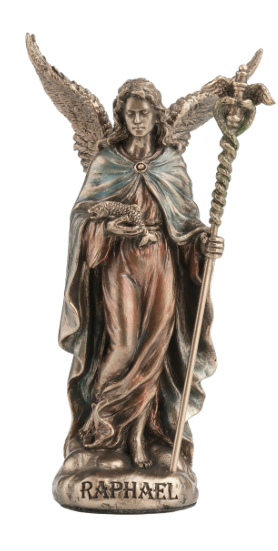 Bronze statue of an angel named Raphael on a white background