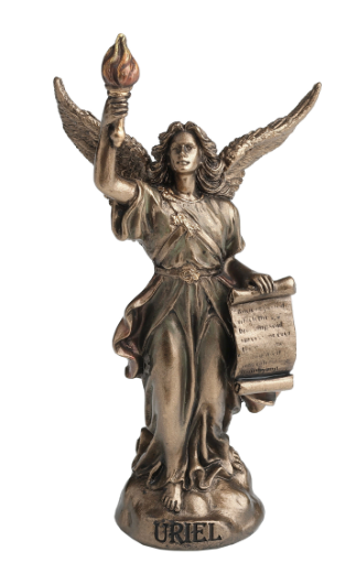 Bronze statue of an angel holding a book and a candle on a white background