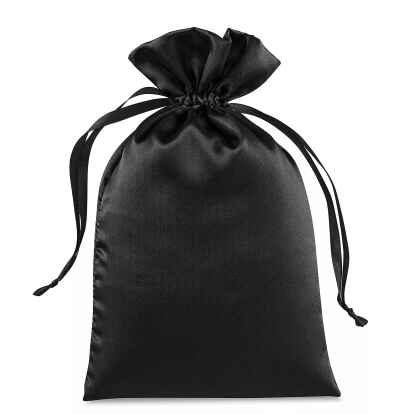 Black satin drawstring bag on a white background