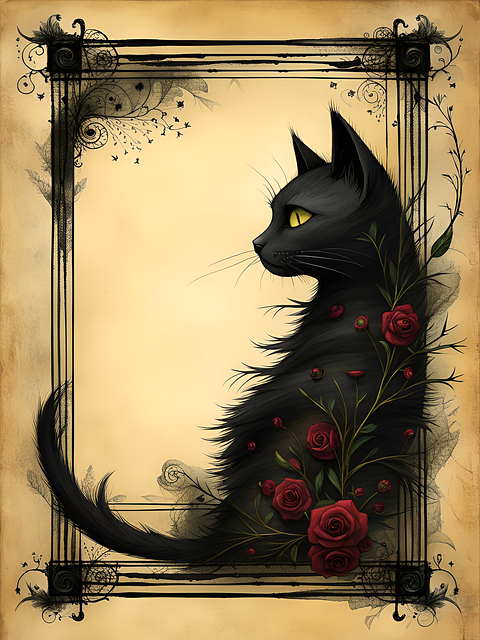 Page in a book with a black cat and roses