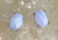 Pair of blue stone earrings on a light background