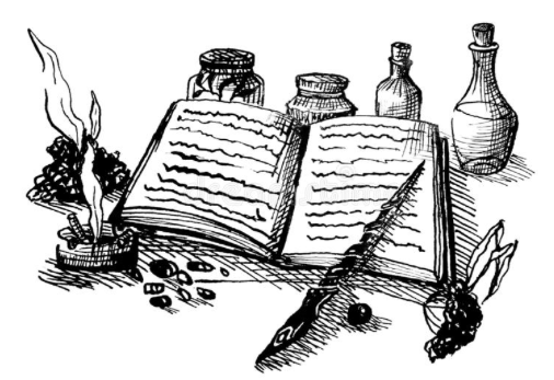 Illustration of an open book with quill and inkwell on a white background