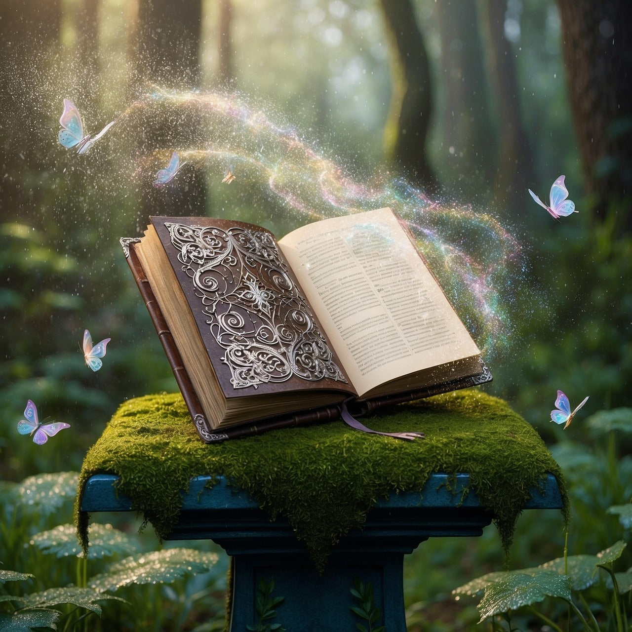 Open book with magical dust and butterflies in a forest setting