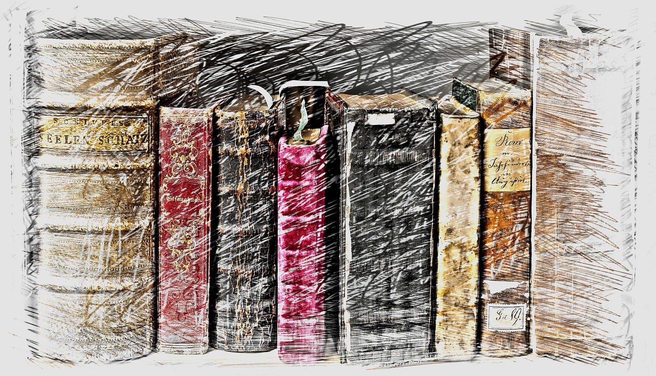 Illustration of vintage books with worn covers on a textured background