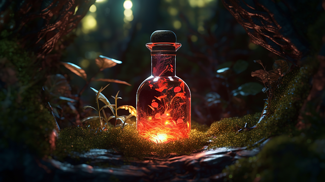 Lit bottle with foliage inside surrounded by moss and tree bark in a forest