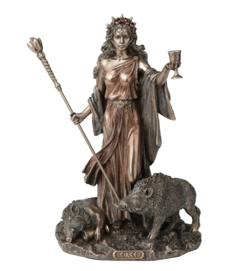 Statue of a woman holding a spear and a cup, with two boars at her feet on a white background