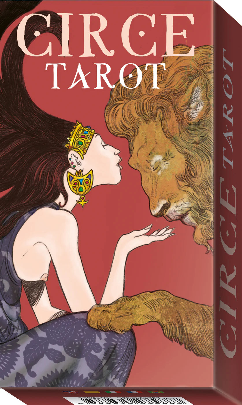 Circe Tarot box with illustration of a woman and a lion on a red background