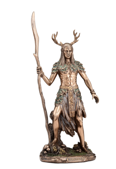 Bronze statue of a figure with antlers holding a spear on a white background