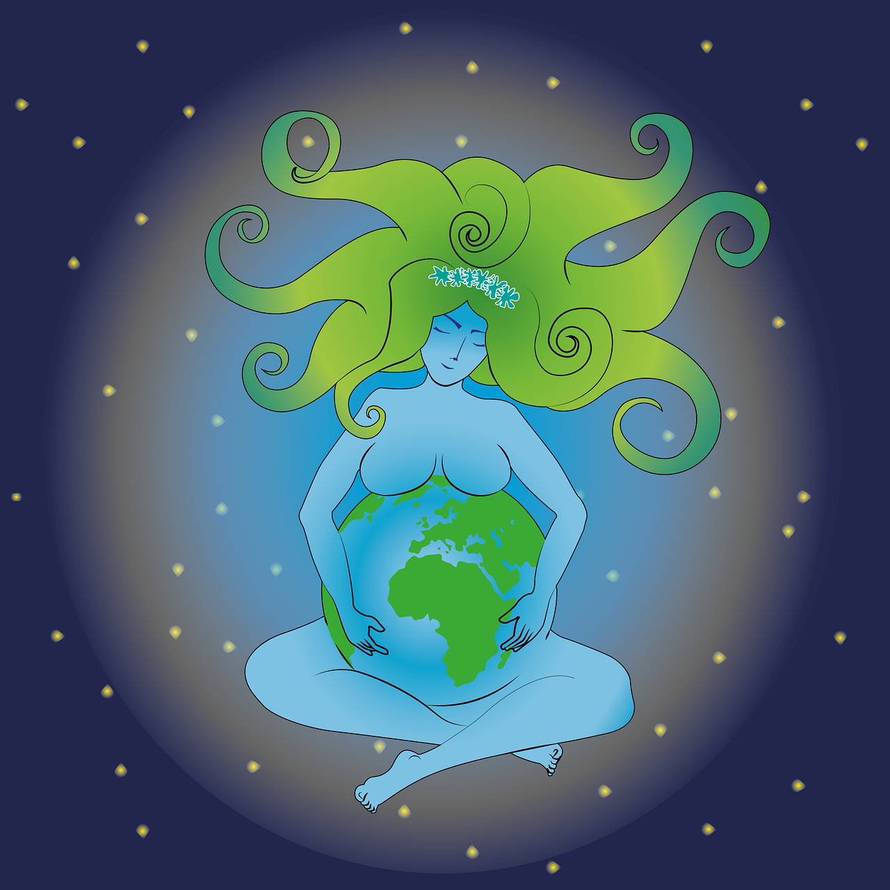 A stylized illustration of a seated blue figure with long flowing green hair holding a globe, centered on a dark starry background with a glowing circular halo.
