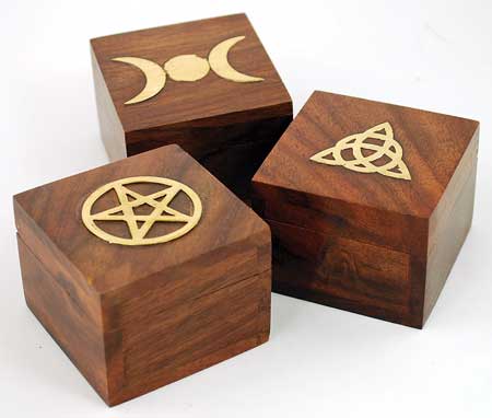 brass inlay boxes with design; pentagram, triple moon, and triquetra symbol