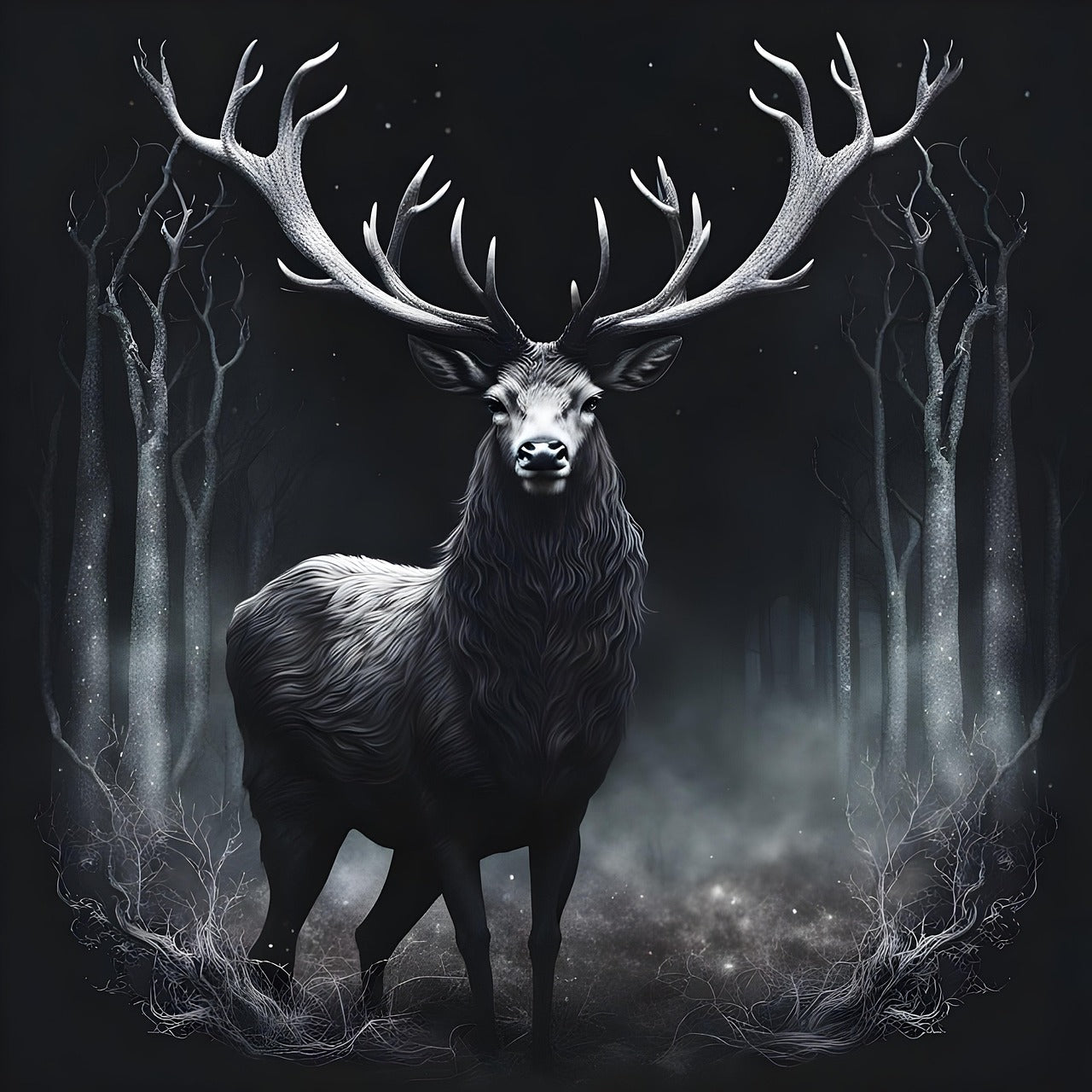 Stag with large antlers in a dark forest setting