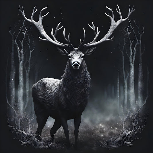 Stag with large antlers in a dark forest setting
