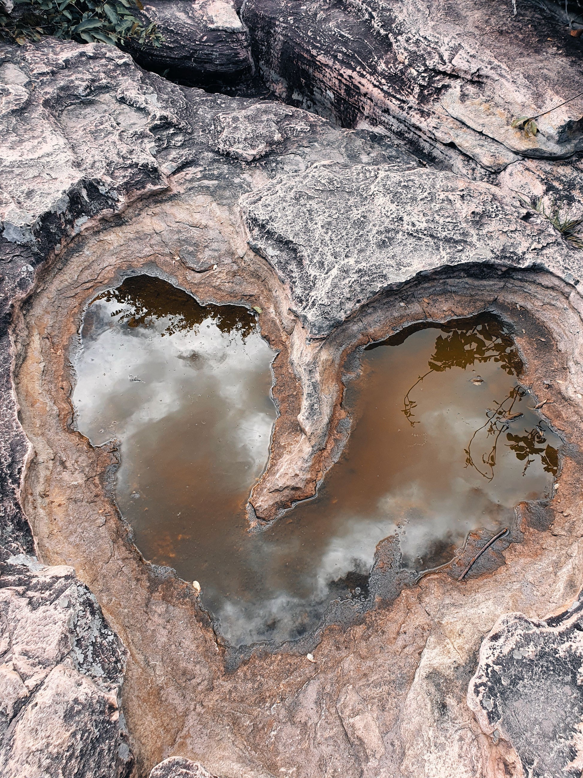 heart carved in stone with a pool of water reflecting in it.