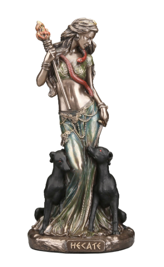 Statue of a woman with two black hounds on a white background