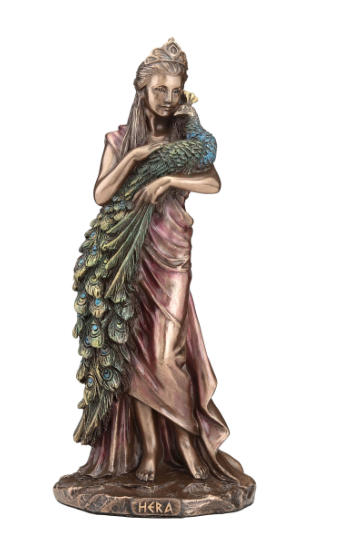 Statue of a woman holding a peacock with 'Hera' inscribed, on a white background