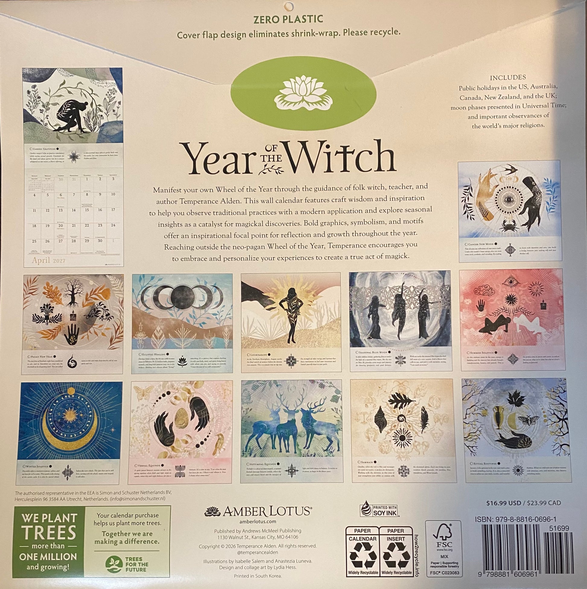 Back cover of a Year of the Witch card deck box by Amber Lotus, showing illustrated cards, product description, tree planting info, and recycling symbols on a white background.