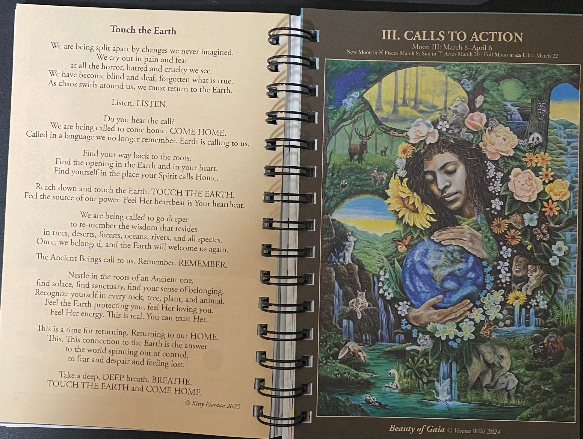 A spiral-bound booklet or prayer card set shown open to two pages. The left page contains a poem titled 'Touch the Earth' in black text on a white background.