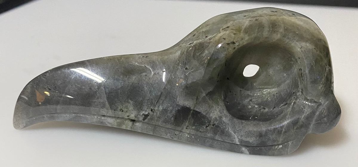 A polished gray with flashes of blue labradorite stone raven skull sculpture with a carved eye socket and beak, photographed on a plain white surface.