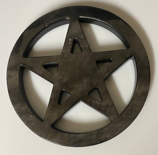A circular sheen obsidian pentacle wall decor piece with a textured, rustic finish, shown against a plain off-white background.