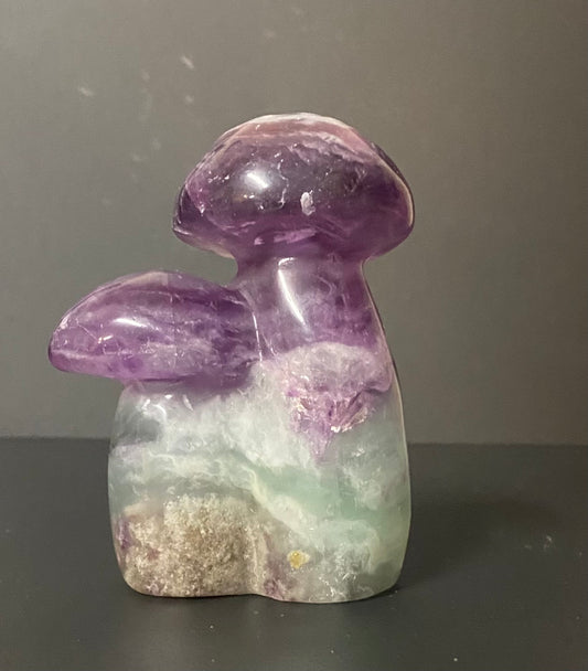 A carved fluorite and fluorite mushroom with a purple and green gradient body, resting on a dark surface against a neutral gray background.