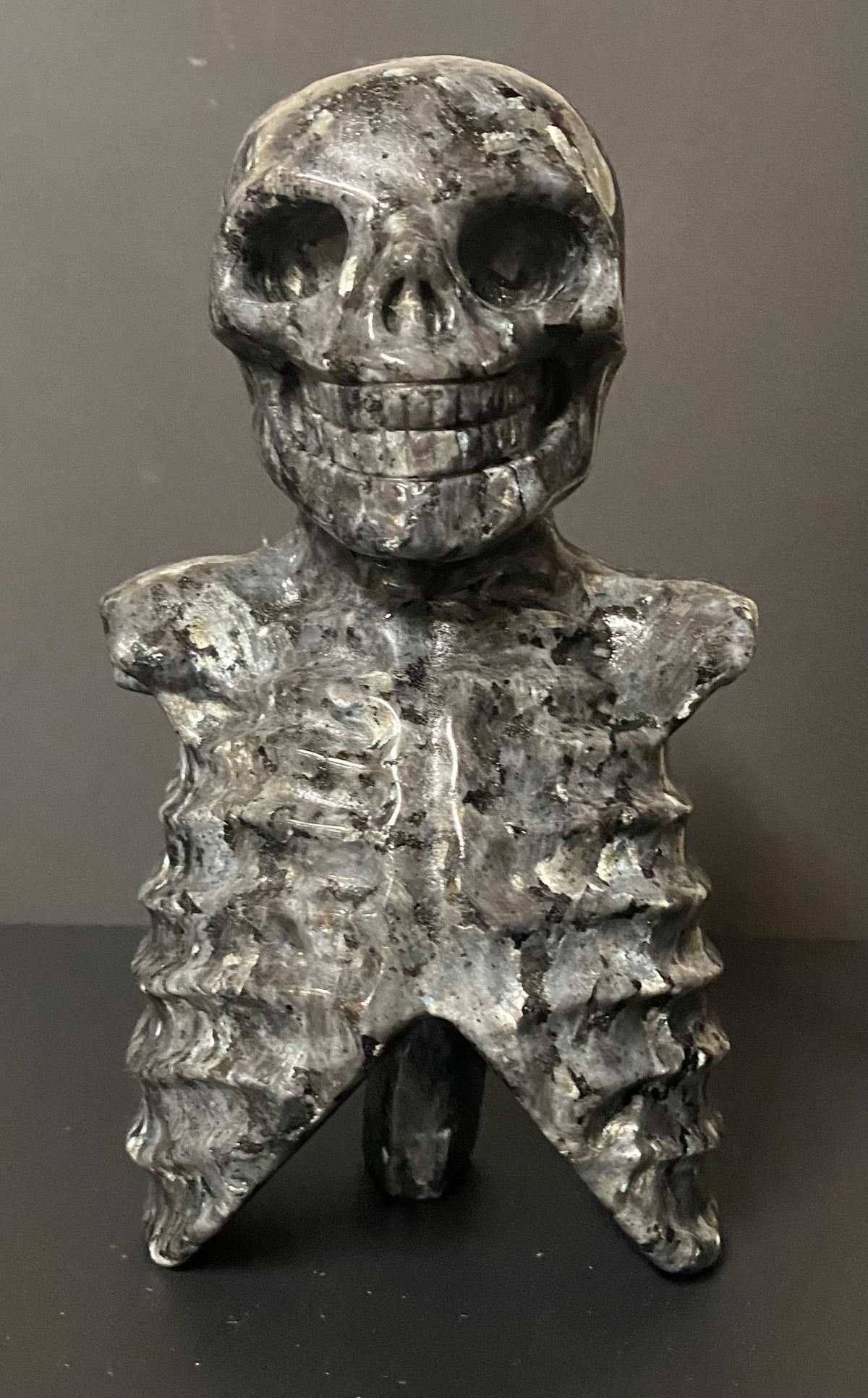 A carved black stone Larvikite skeleton bust sculpture with a skull head and ribbed torso, standing on a dark surface against a dark gray background.