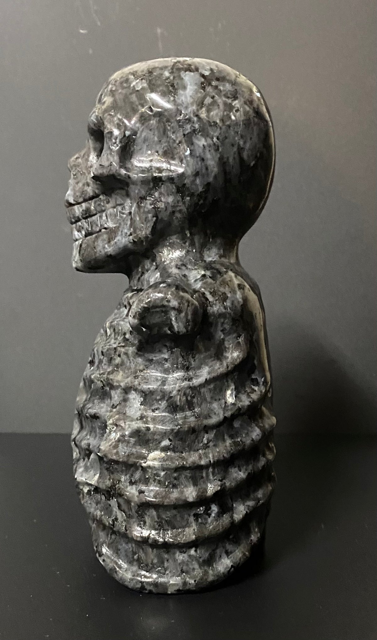 A carved dark stone Larvikite bust sculpture of a human head and upper ribcage, shown in profile against a dark gray background.