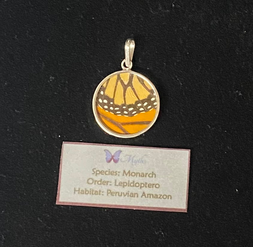 A round silver pendant featuring a yellow and brown monarch butterfly wing design, displayed on a black background with a descriptive label card below.