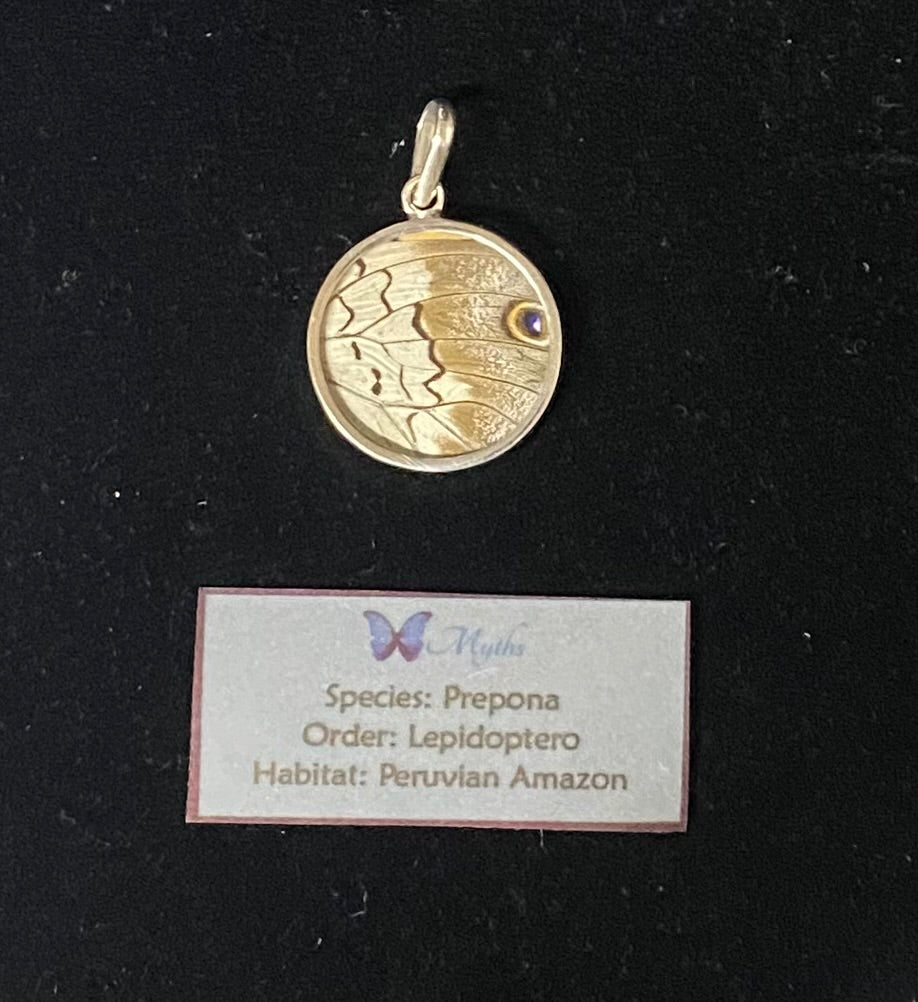 A round pendant with a butterfly wing pattern in sterling silver metal, featuring a small purple gemstone accent, displayed above a descriptive label card on a black background.