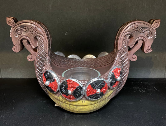 Single Candle Holder Viking Ship Red Shields