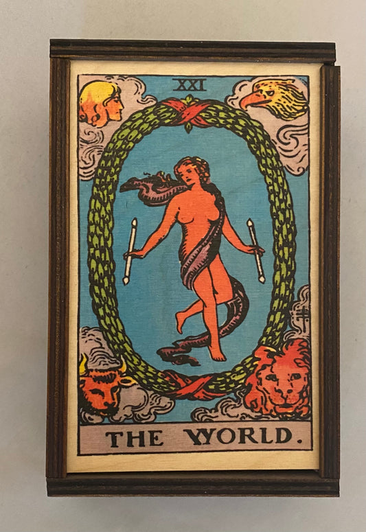 wood tarot box with world tarot card
