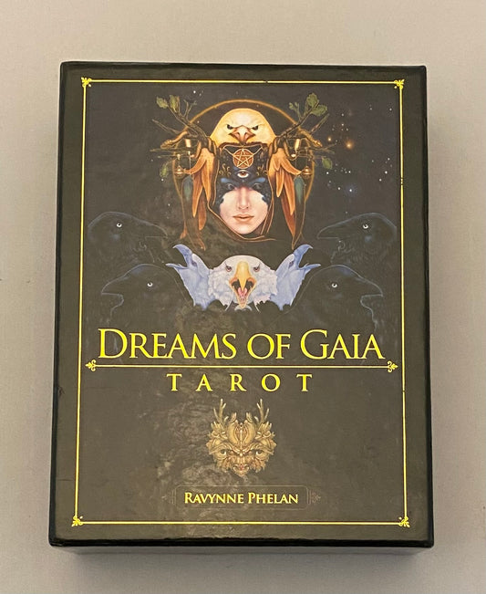 Tarot card set packaging titled 'Dreams of Gaia Tarot' by Ravynne Phelan on a neutral background.