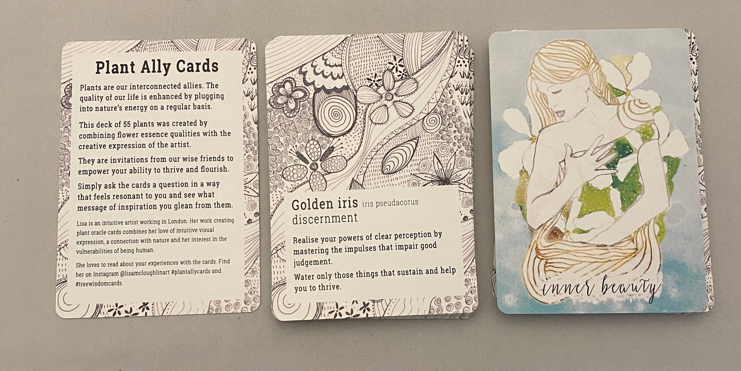 Three cards from a deck with illustrations and text on a gray background