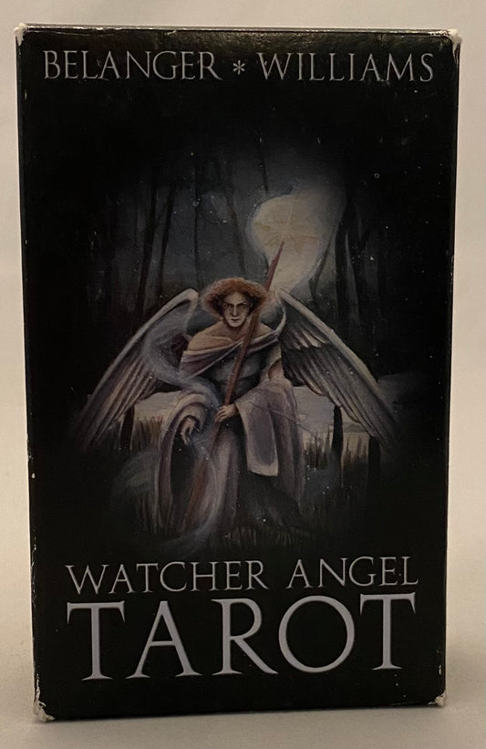 Tarot card box with an angel illustration on a dark background