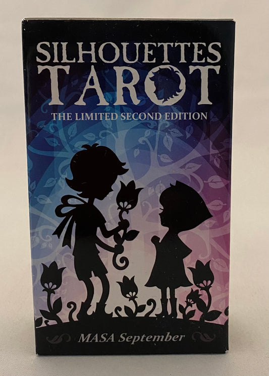 Silhouettes Tarot card deck packaging with black and white design on a purple and blue gradient background.