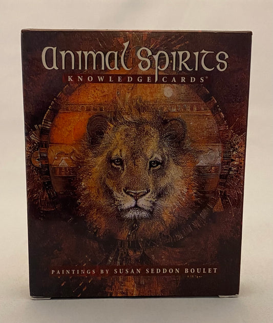 Card deck cover with a lion illustration and 'Animal Spirits Knowledge Cards' text on a white background