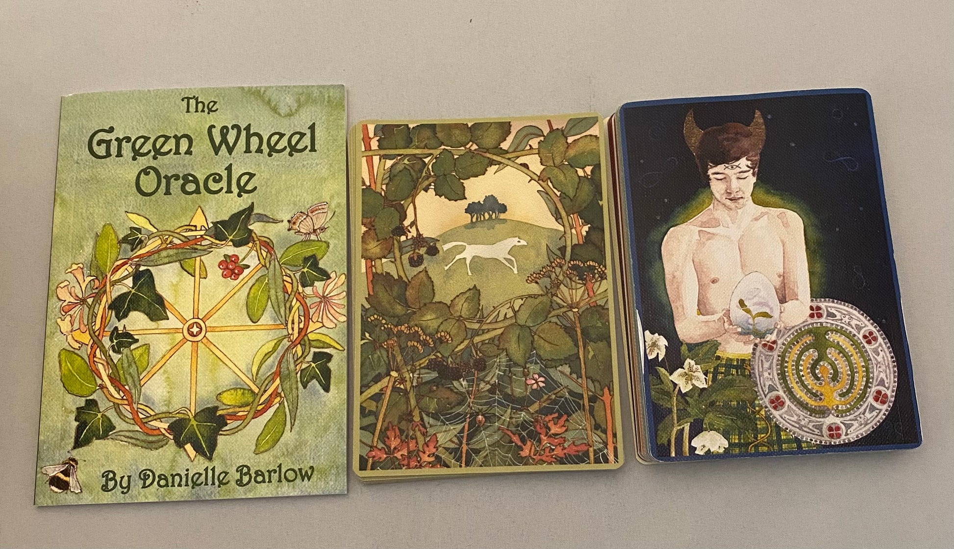 Green Wheel Oracle card set with cover and cards on a gray background