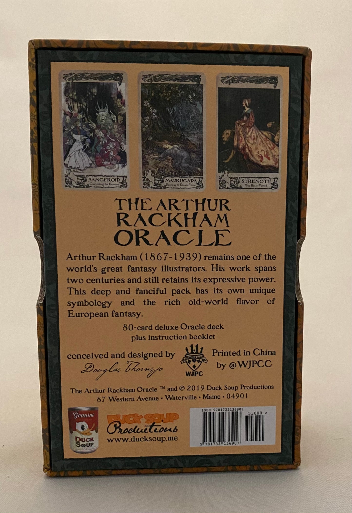 Back of a card game box with 'The Arthur Rackham Oracle' branding and illustrations.