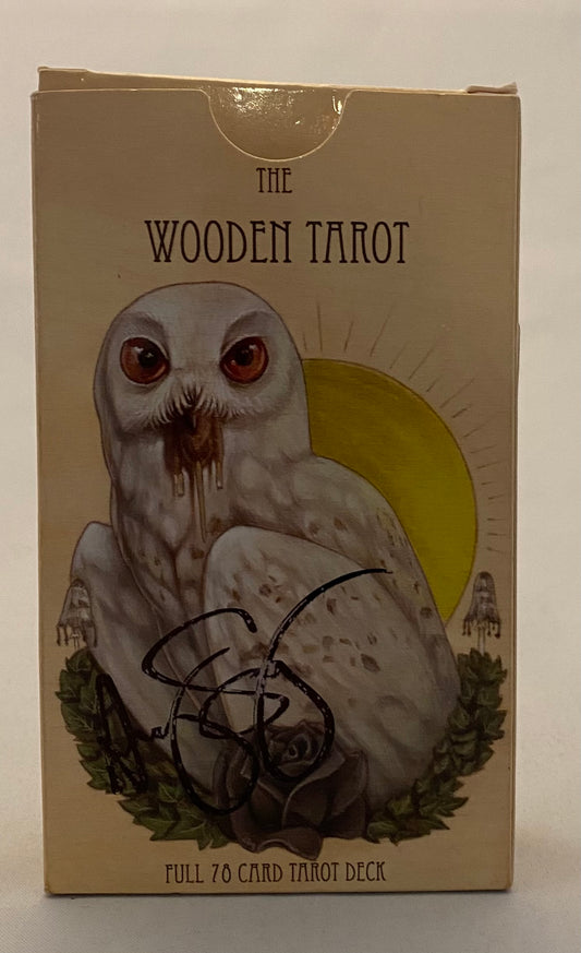 Wooden Tarot card box with an owl illustration on a beige background