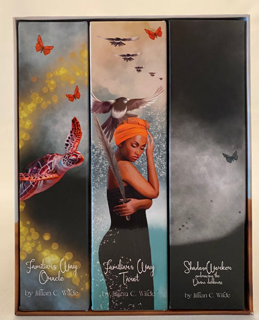 Tarot box set, Three Tarot  covers with artistic designs and text on a box