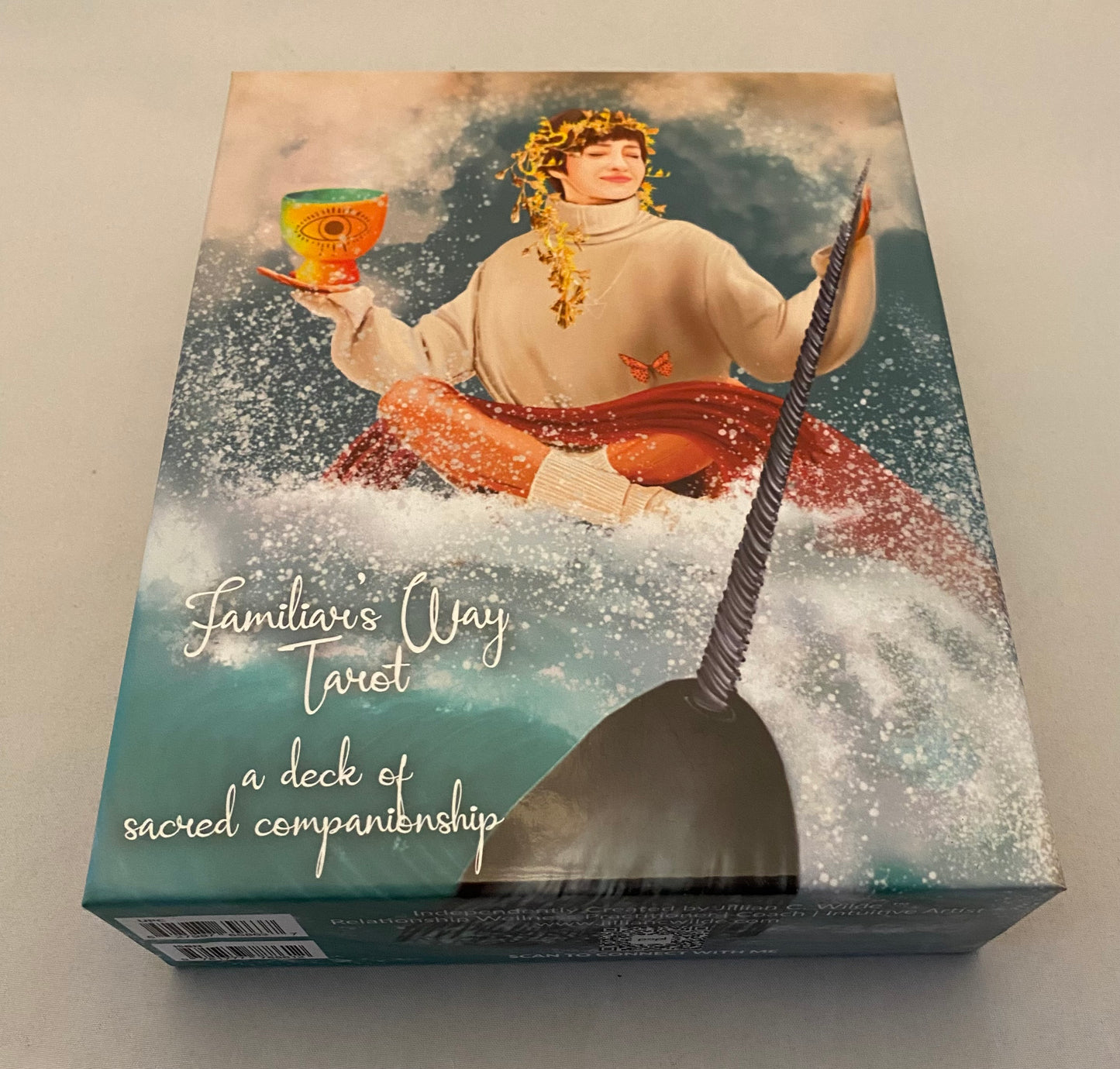 Tarot card box with a person holding a cup and staff on a snowy background