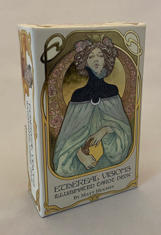 Card deck packaging with artistic design of a woman and floral elements on a beige background